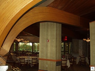 Dining room beams are elegantly curved