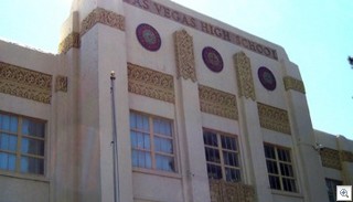 The original Las Vegas High Schoo, which is now known as the Las Vegas Acadamy before the re-painting to original rust color